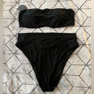 Aerie Bandeau Top and High Cut Cheeky Bikini Bottom set / black / XL